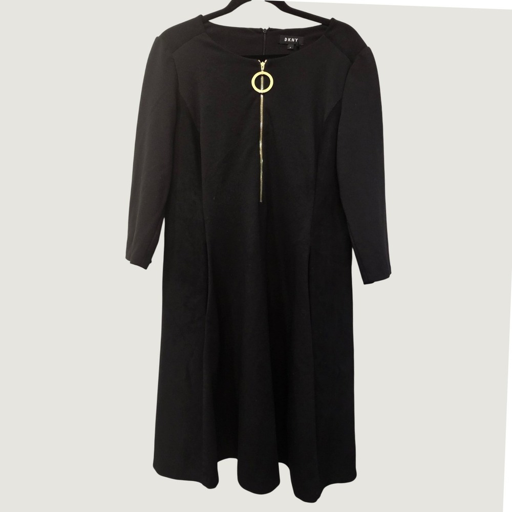 DKNY Black Dress Women's 16 A Line Gold Ring Zip Long Sleeve Minimalist Chic